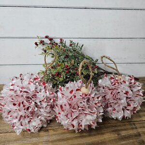 Hand Crafted Boho Shabby Chic Rag Red White Tree Ornaments Set of 3